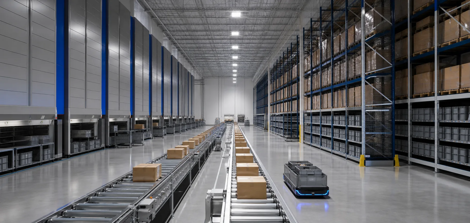 Automated high-bay racking at the Usha Mangal Corporation warehouse, stocked with palletised fastener inventory
