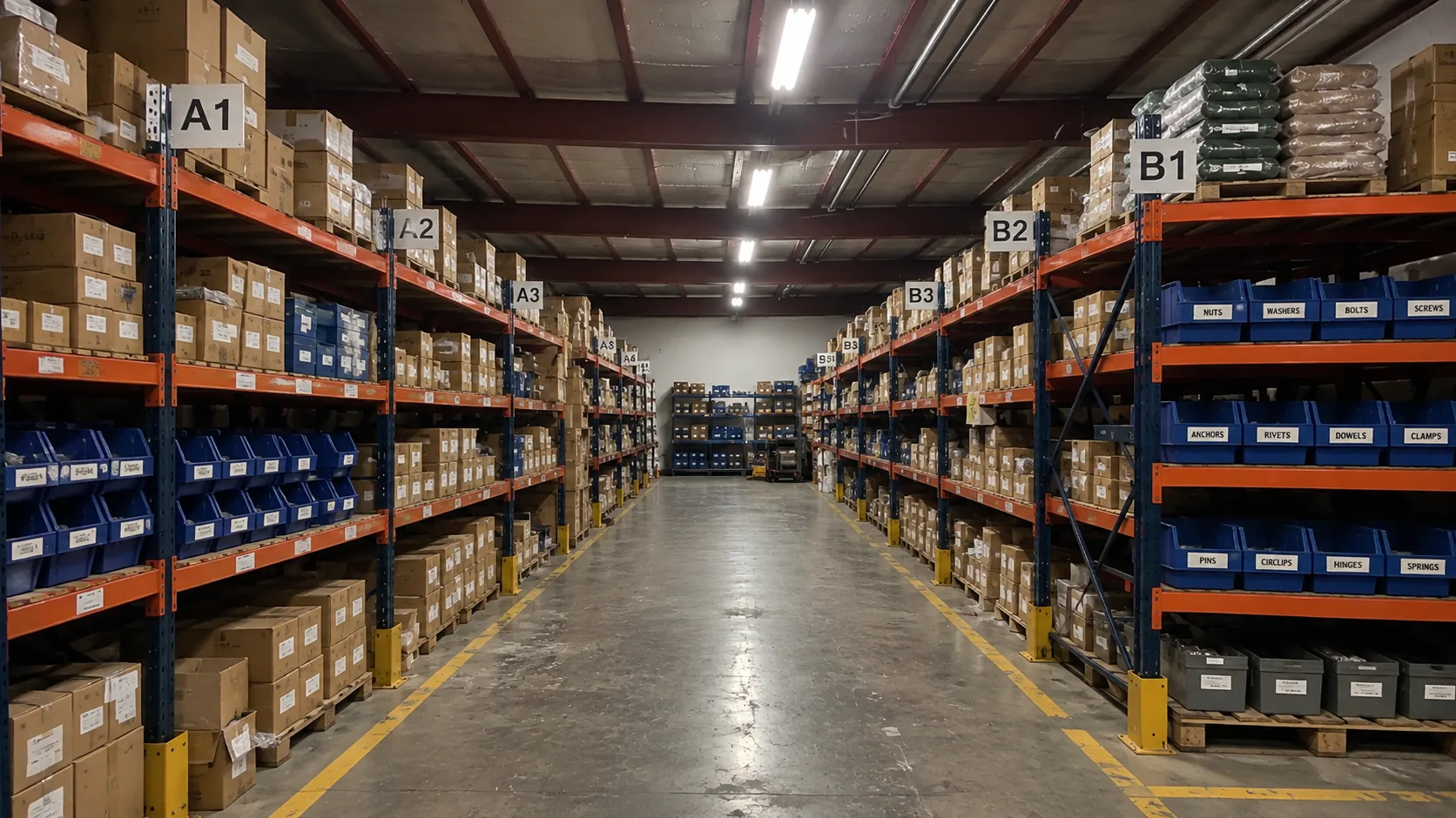 Aisle in the Usha Mangal Corporation warehouse, racked floor to ceiling with labelled fastener boxes and bins